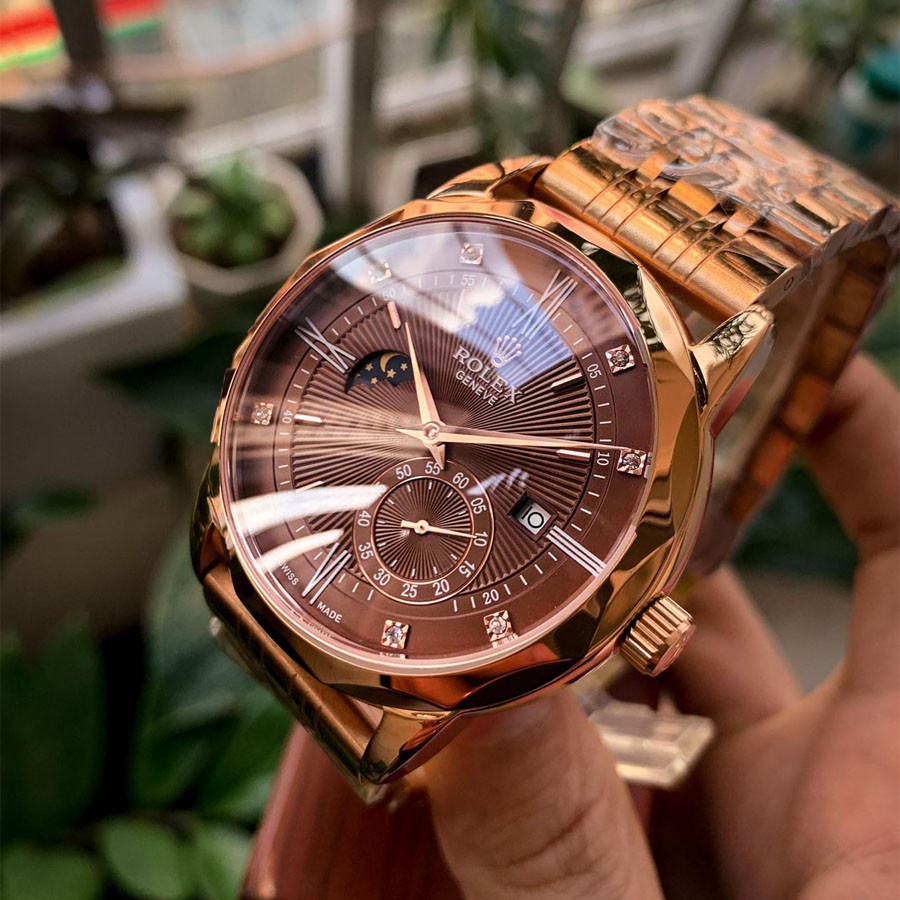 Đồng hồ cho Nam Rolex 6kim trăng sao size 40-41 vành trám cạnh màu cafe dây kim loại vàng hồng