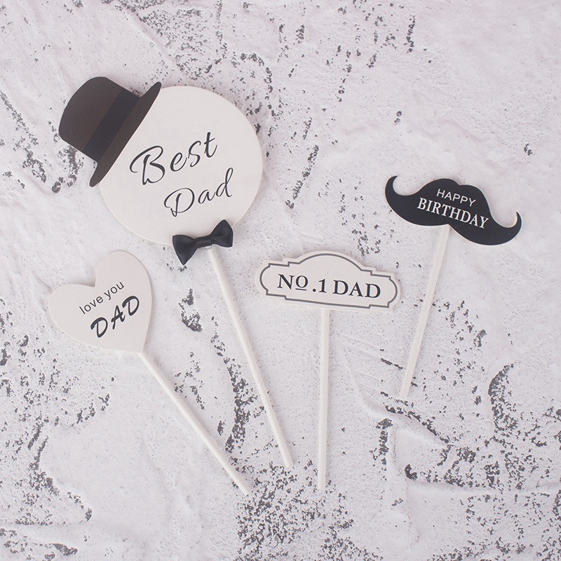 4PCS/set Best Dad Cake Topper Beard Cake Picks Sign for Father's Day Birthday Bakeware Decor