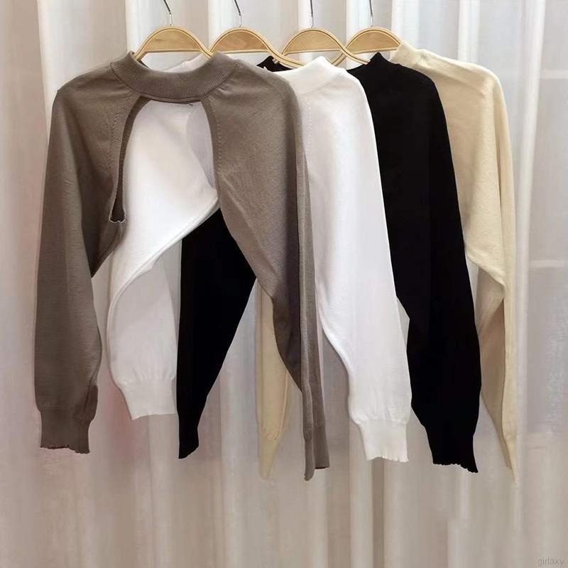 Áo sweater tay dài cổ tròn hở lưng màu sắc đơn giản phong cách Hàn Quốc cho nữ