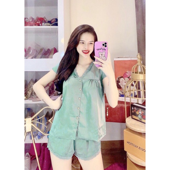 Bộ ngủ lụa satin babydoll phối ren xinh xắn &lt; 60kg