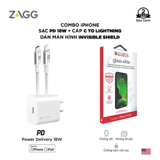 Combo: Bộ sạc nhanh MOPHIE Power Delivery 18W USB-C - Dán màn hình cường lực InvisibleShield dành cho X seri và 11 seri