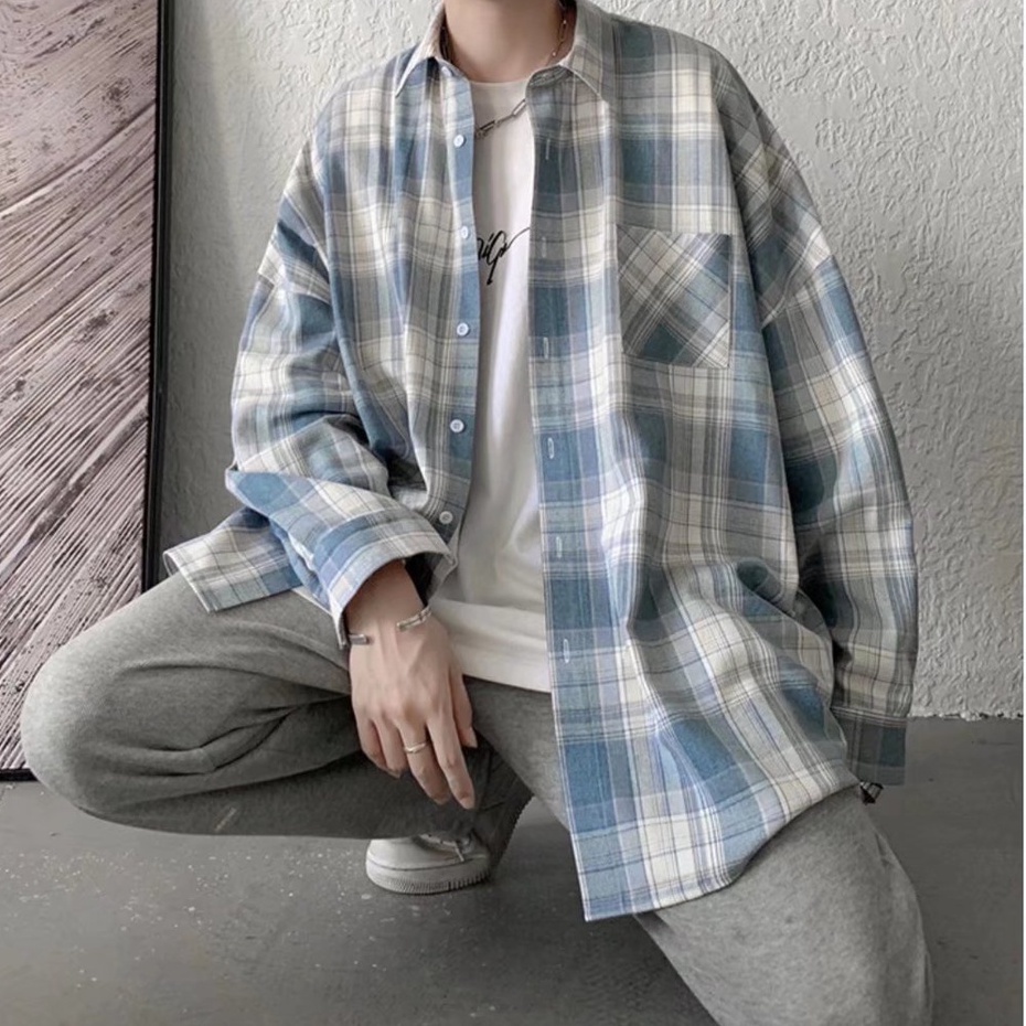 Áo Sơ Mi Caro Tay Dài Dáng Rộng Trẻ Trung Phong Cách Hàn Quốc Cho Nam Size M-3xl