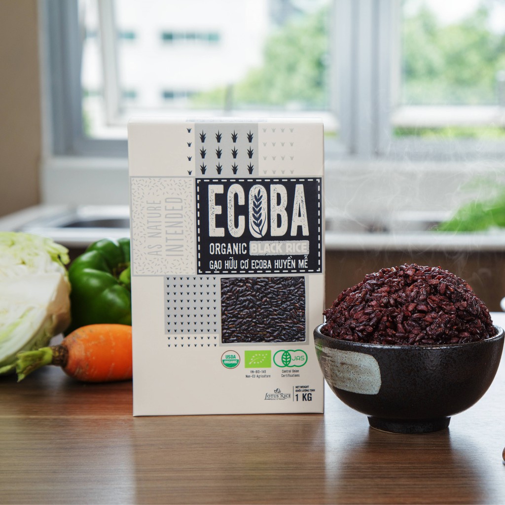 Gạo lứt đen thực dưỡng 100% hữu cơ - ECOBA Huyền Mễ 1kg - Thơm ngon dẻo ngọt - Chứng nhận hữu cơ quốc tế in trên hộp