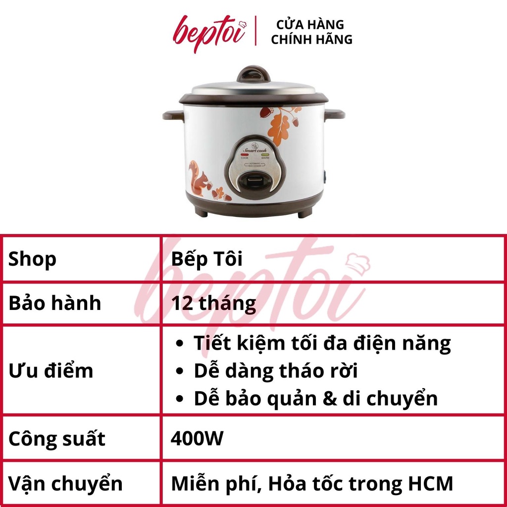 Nồi cơm điện cao cấp Smartcook, nồi cơm điện nắp rời dung tích 1.2L công suất 400W RCS-1786