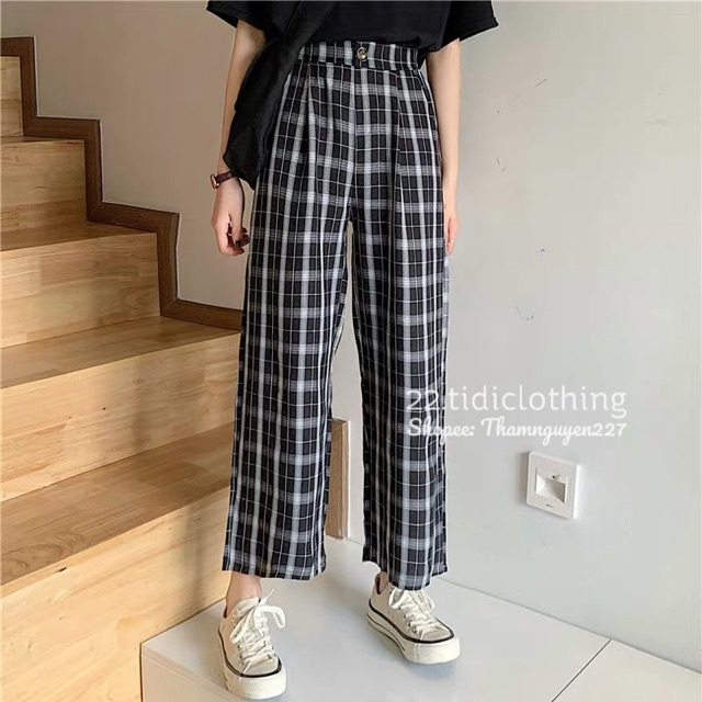 [ ORDER ] Quần caro ulzzang culottes ống suông phối lưng thun / quần ống rộng kẻ sọc trắng đen