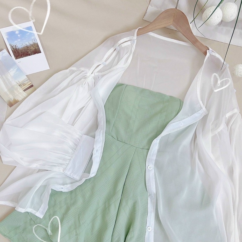 Set Đầm Cúp Xanh Mint + Áo khoác trắng