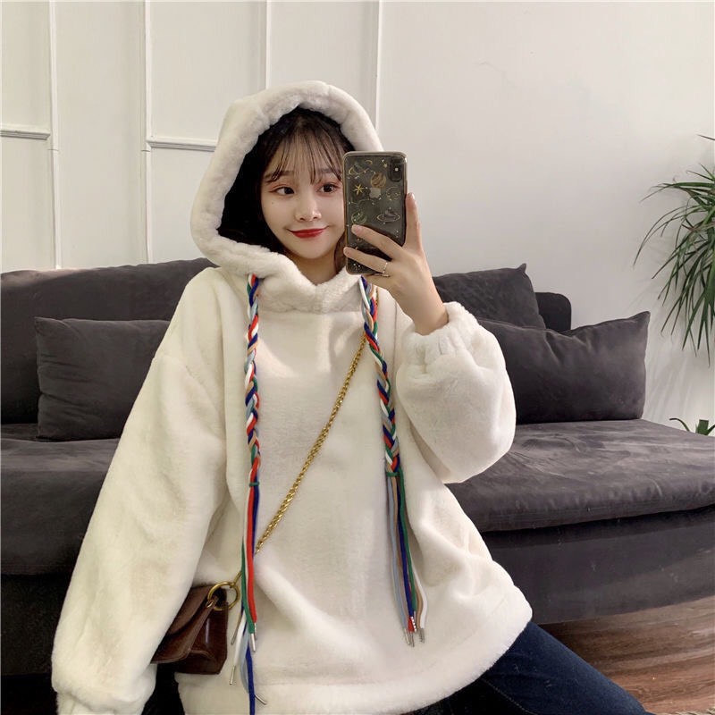 Áo hoodie nữ len nhung form rộng dày dặn Hàn Quốc | BigBuy360 - bigbuy360.vn