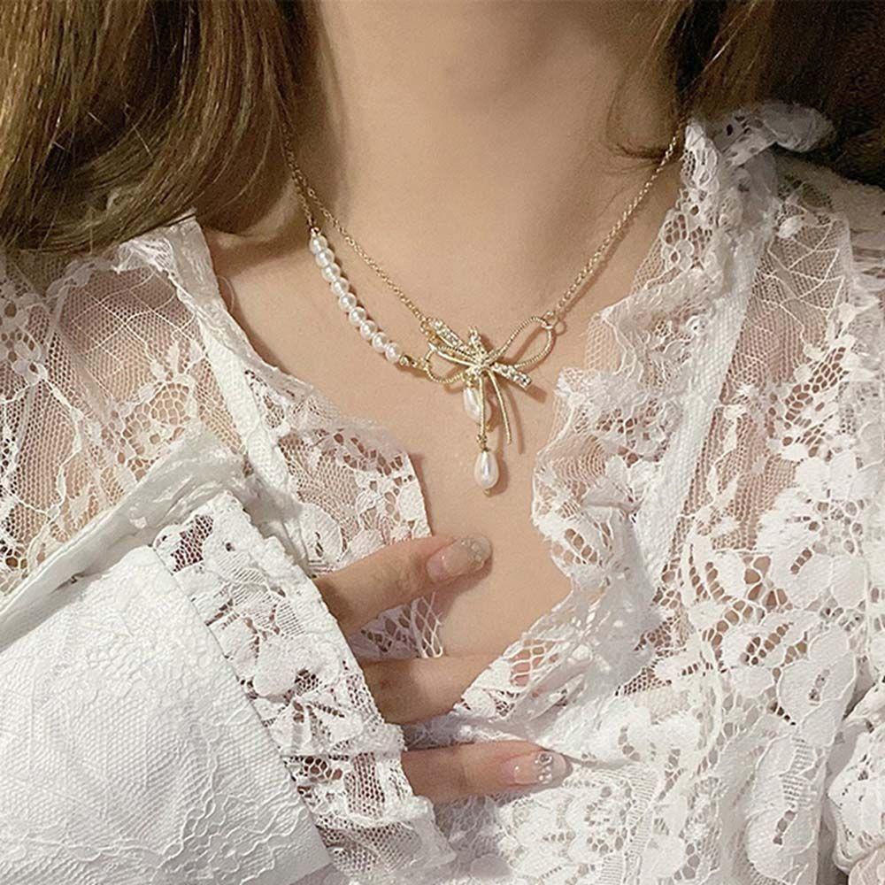 Vòng Cổ Ngọc Trai Đơn Giản Phong Cách Retro|Dây Chuyền Mặt Nơ Kim Loại Đính Đá Nhiều Màu Phong Cách Hàn Quốc Sang Trọng Cho Nữ