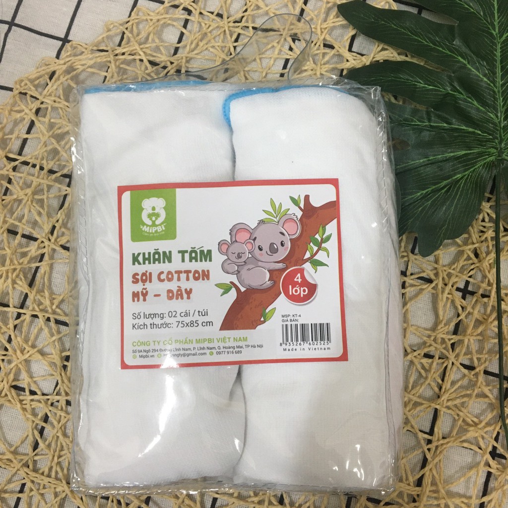 TÚI 2 CHIẾC KHĂN TẮM SỢI COTTON MỸ DÀY 4 LỚP 75 x 85 MIPBI ️HÀNG CHÍNH HÃNG️ Khăn tắm xô cho trẻ sơ sinh mipbi 4 lớp