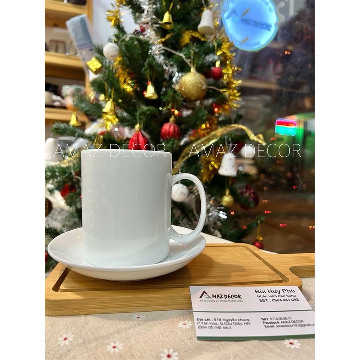 Bộ tách cốc ly uống nước trà cafe gốm sứ Bát Tràng trắng trơn có quai chữ C 350m C6019 cao cấp