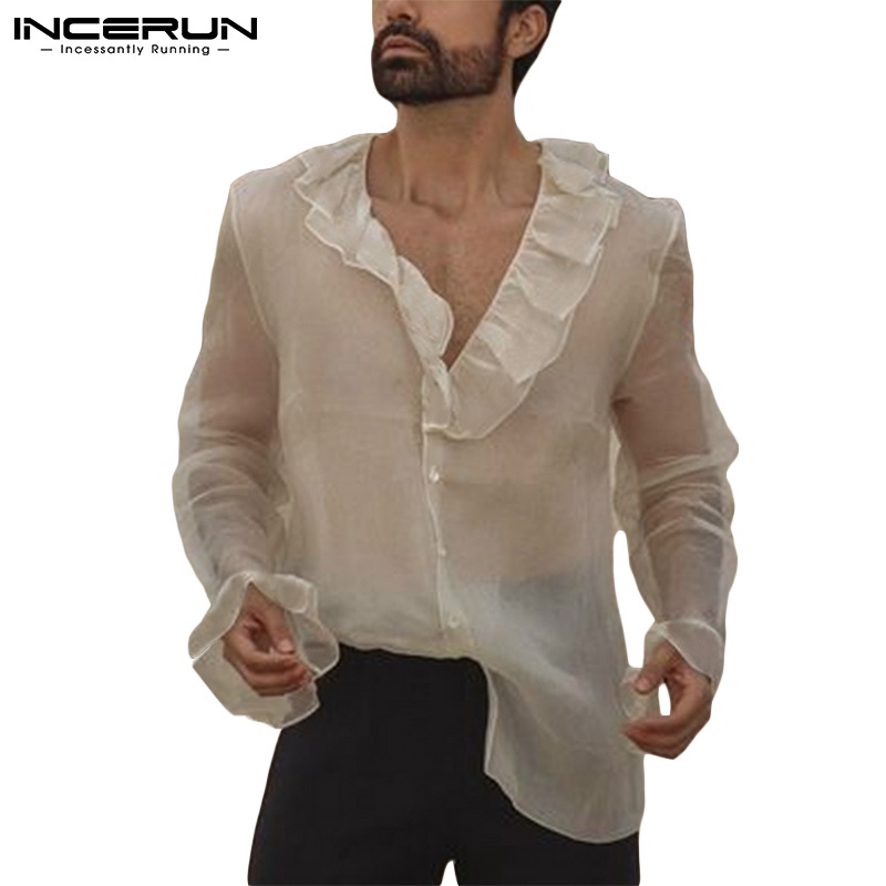 INCERUN Nam thời trang quý phái nhìn xuyên qua áo sơ mi dài tay có cổ chữ V xù