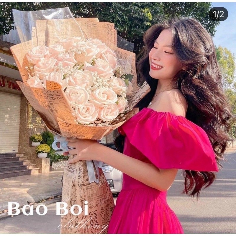 Đầm hồng trễ vai bèo tà xéo