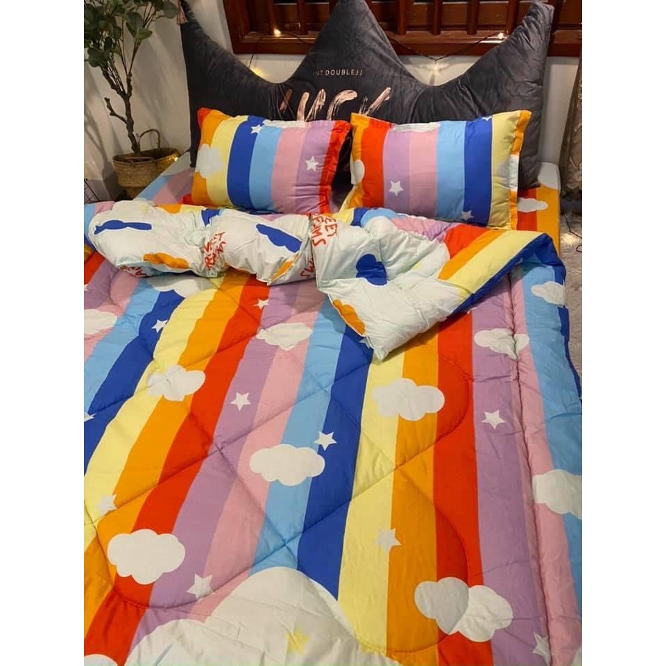 Bộ Chăn phao kèm ga gối 🌳Bộ 4 món dành cho đệm 1m6x2m🌳poly cotton có ruột bông dày,MẪU TRẮNG KẺ MÀU