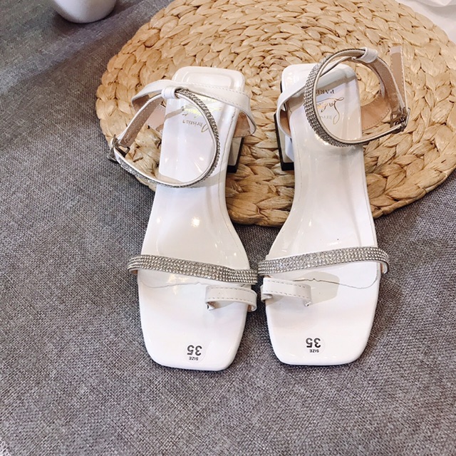 [Kèm ảnh thật] Giày sandal gót tháp da bóng xỏ ngón quai mảnh đá cao 5p siêu dễ đi