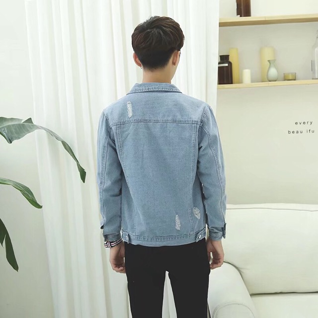 Giá vốn - Áo khoác jean nam màu xanh nhạt có wax túi tinh tế -xả kho