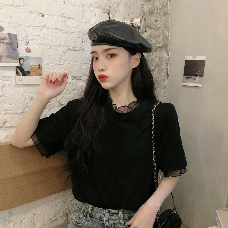 Áo Thun Ngắn Tay Phối Lưới Phong Cách Hàn Quốc Dành Cho Nữ