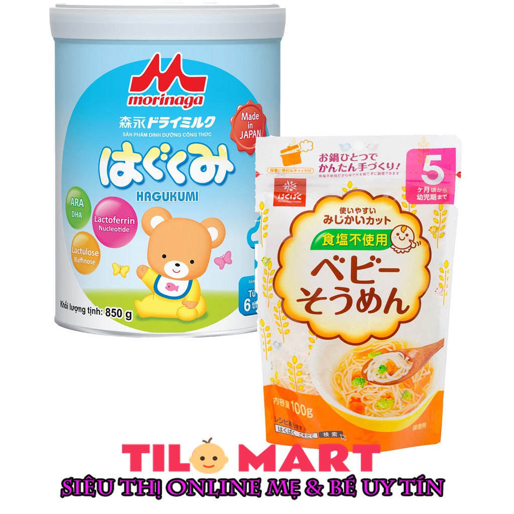 Combo sữa Morinaga Hagukumi số 1 850g tặng mì Somen tách muối Hakubaku cho bé