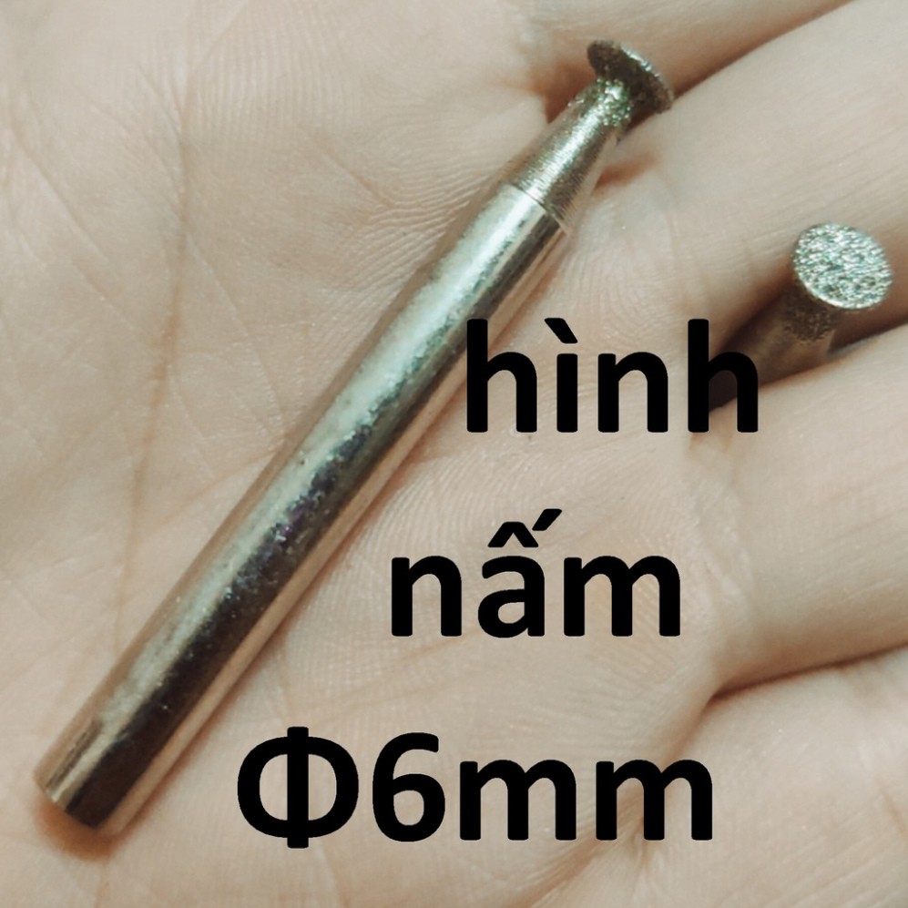 Mũi mài kim cương, mũi mài khắc đá, ngọc, hình nấm 6mm, cán 6mm