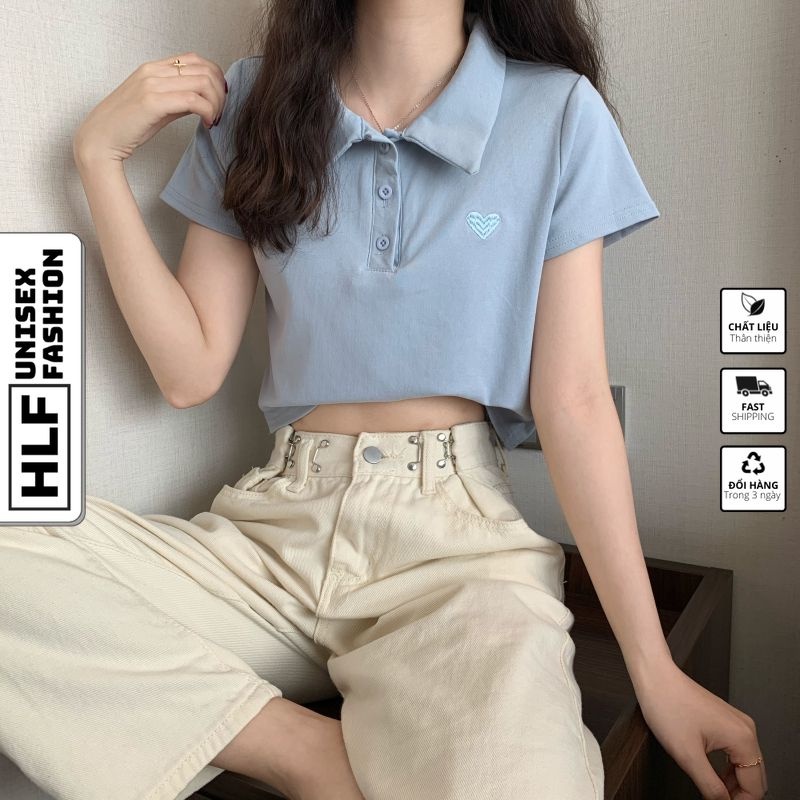 Áo polo croptop tay ngắn nữ thêu trái tim bên ngực, áo thun nữ HLFashion