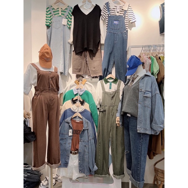 Quần Yếm Jean nữ dáng dài màu vintage Hàn Quốc - hàng có sẵn