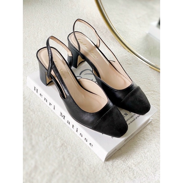 Giày cao gót nữ đế vuông vá mũi hở eo gót dáng slingback khuyết eo thời trang tinh tế thanh lịch