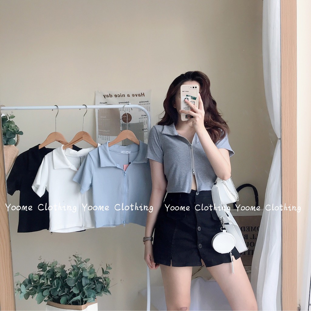 Áo croptop khóa 2 chiều cổ bẻ tay cộc chất umi dệt kimcho nữ Yoomeclothing [ ẢNH THẬT SHOP CHỤP]