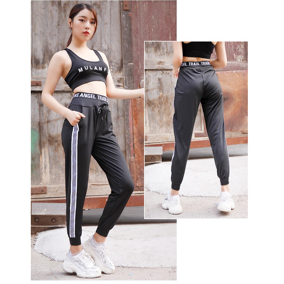 Quần Jogger Nữ Tập GYM Bo Gấu Sọc Trắng Thể Thao, Quần Tập GYM YOGA Thể Thao Nữ