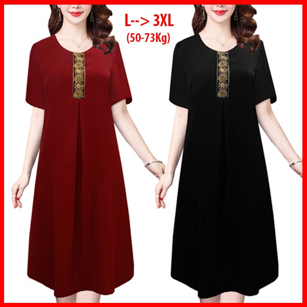 GOTI - Đầm Trung Niên Bigsize Lụa Dáng Dài Qua Gối Tay Ngắn Kiểu Đầm Dự Tiệc Cho Mẹ U50, U60 Cao Cấp 3277 3276 3319