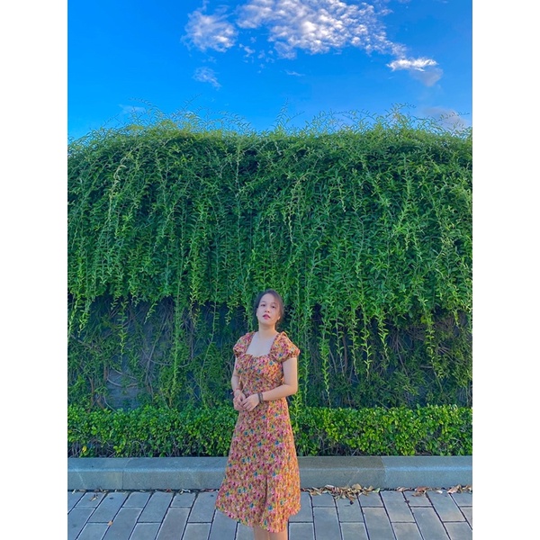 Đầm hoa nhún ngực hoạ tiết hoa hồng vàng, hồng, xanh