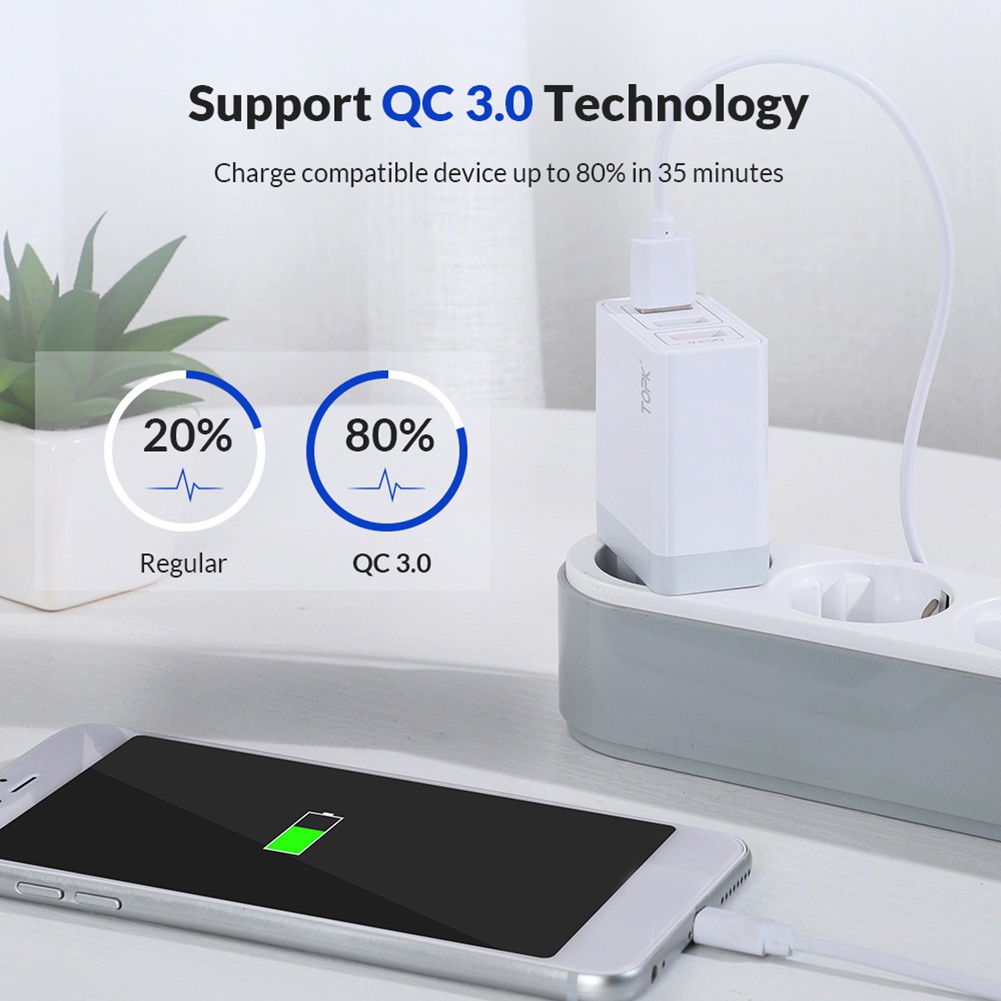 TOPK Củ Sạc Nhanh QC3.0 3 Cổng USB 30W Phích Cắm EU BMM1