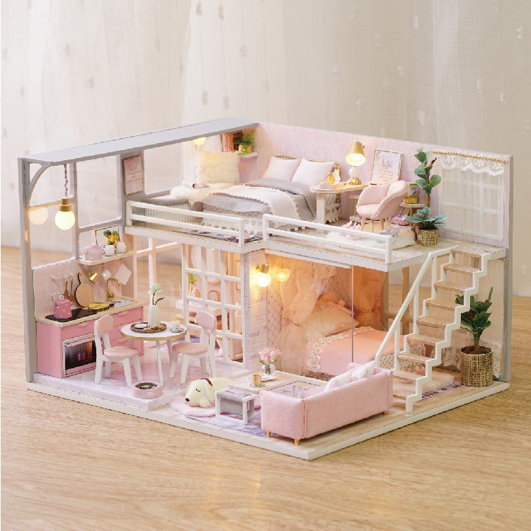 Mô hình nhà DIY Doll House Girlish Dream Kèm Mica Chống bụi, Bộ dụng cụ và Keo dán