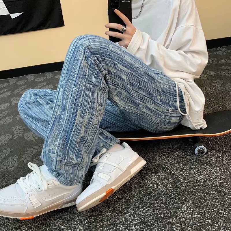 Quần jean nam dáng dài ống suông rộng họa tiết kẻ sọc phong cách retro thường ngày