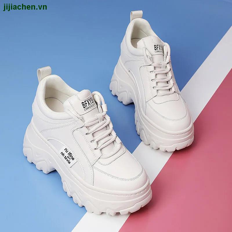 Giày thể thao đế dày cao màu đen buộc dây thời trang xuân thu 2021 cho nữ