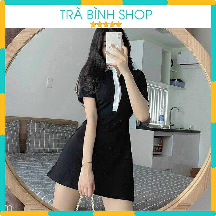 Đầm Polo Mặc Đi Chơi Dáng Ôm Màu Đen Phối Cổ Trắng Váy Dạo Phố Body Ngắn Tay Dự Tiệc