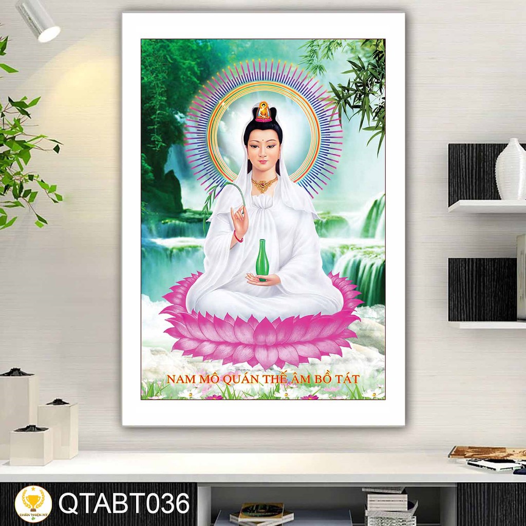 Tranh Quan Âm Bồ Tát có khung 40x60cm tặng đinh treo tranh