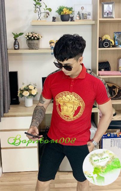 Áo thun nam Versace màu đỏ và đen ngắn tay có cổ chất cotton cao cấp