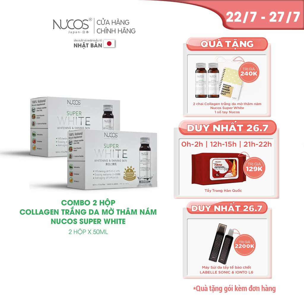 Combo 2 Hộp Collagen trắng da mờ thâm nám Nucos Super White 2x50mlx10 chai