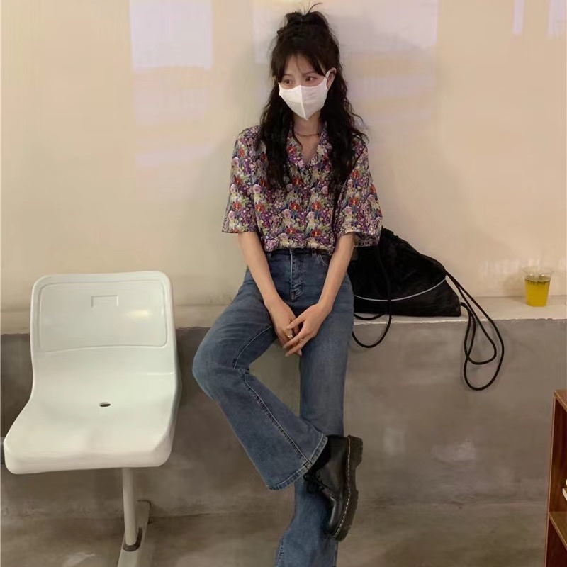 SUXI Áo Sơ Mi Ngắn Tay Họa Tiết Hoa Phong Cách Vintage Cho Nữ