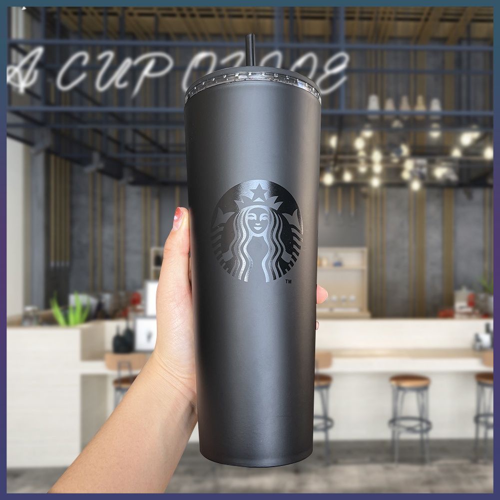 24 oz/16 oz Starbucks Hai Lớp Màu Đen Mờ Cốc Cà Phê Frosted Rơm Cup 【Fair】