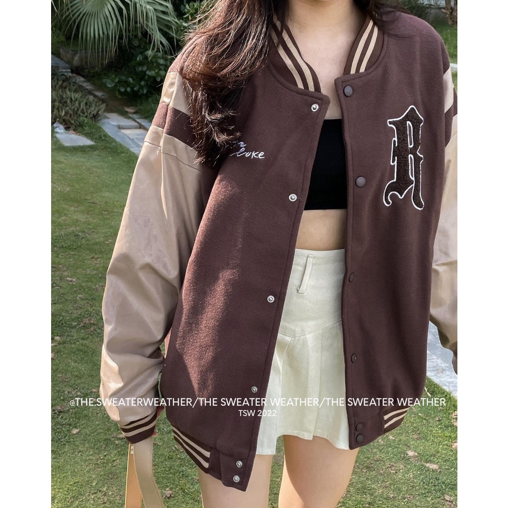Áo khoác Bomber nỉ phối tay hình gấu / thêu chữ R dáng rộng phong cách hàn quốc dành cho nữ