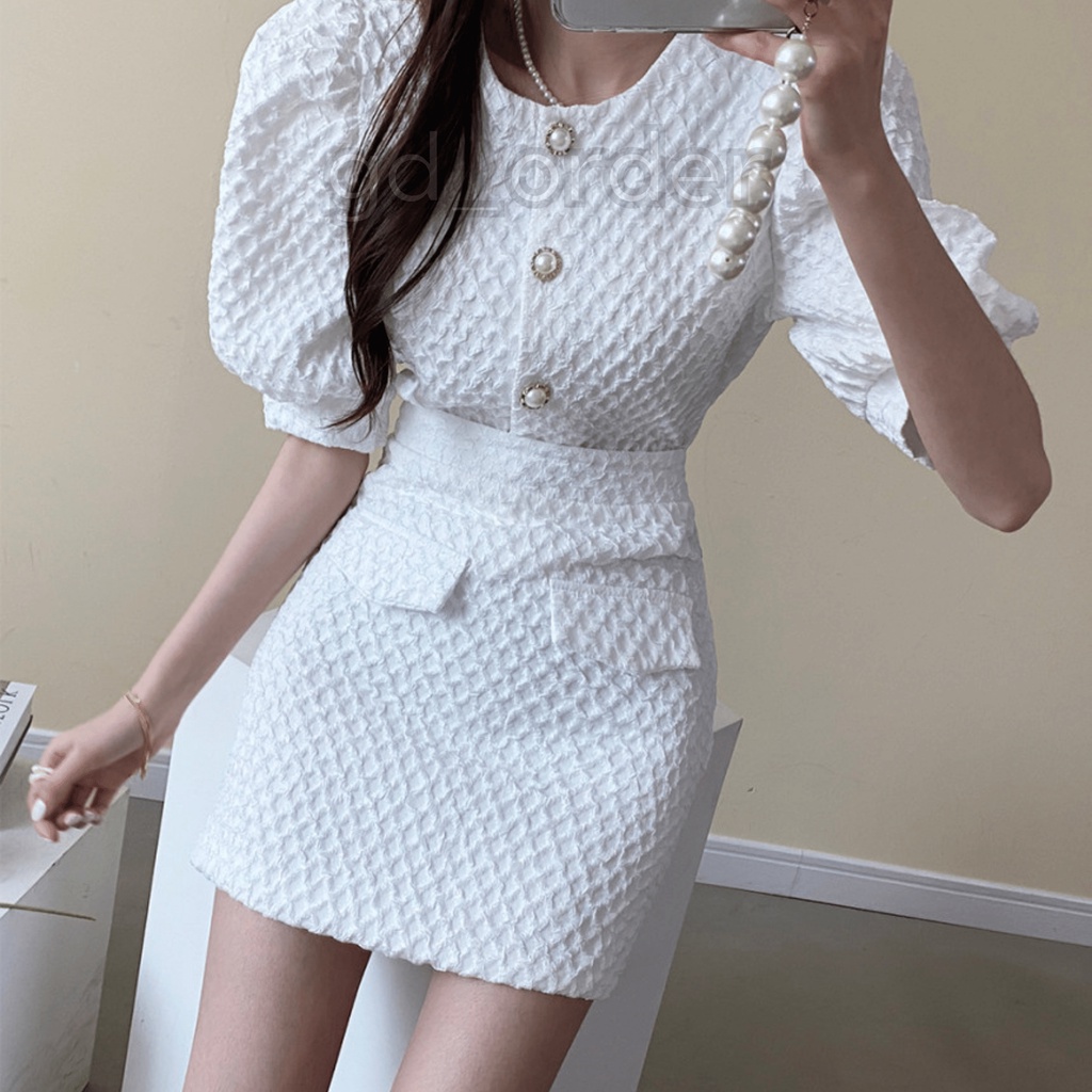 B60|Set bộ nữ sang trọng áo tay phồng thanh lịch đính ngọc, váy cạp cao ôm body màu trắng, đen gd_order