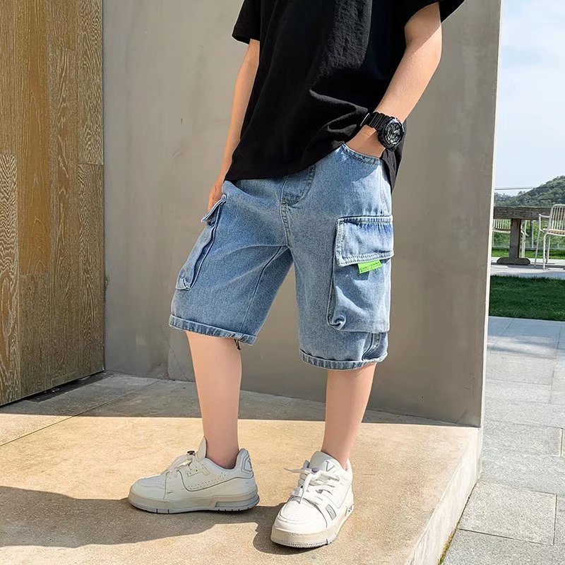 Quần Short Denim Dáng Rộng Thoải Mái Phong Cách Mới Cho Bé Trai Có Túi Lớn Mặc Vào 3-15 Tuổi