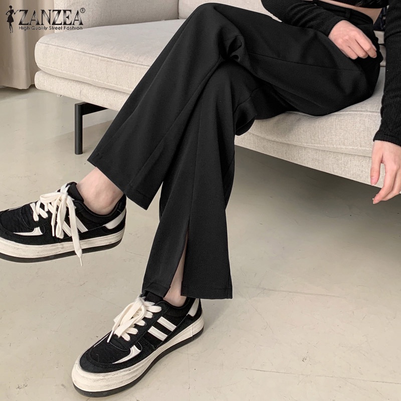 Quần dài Zanzea lưng cao màu trơn xẻ tà trước thời trang cho nữ