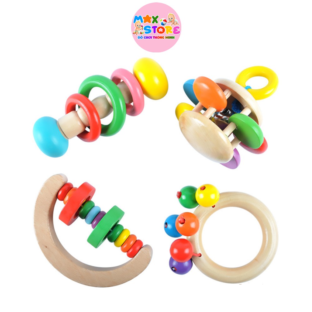 Đồ chơi cho trẻ sơ sinh - Bộ 4 món đồ chơi xúc xắc bằng gỗ an toàn cho bé - Lục Lạc Gỗ
