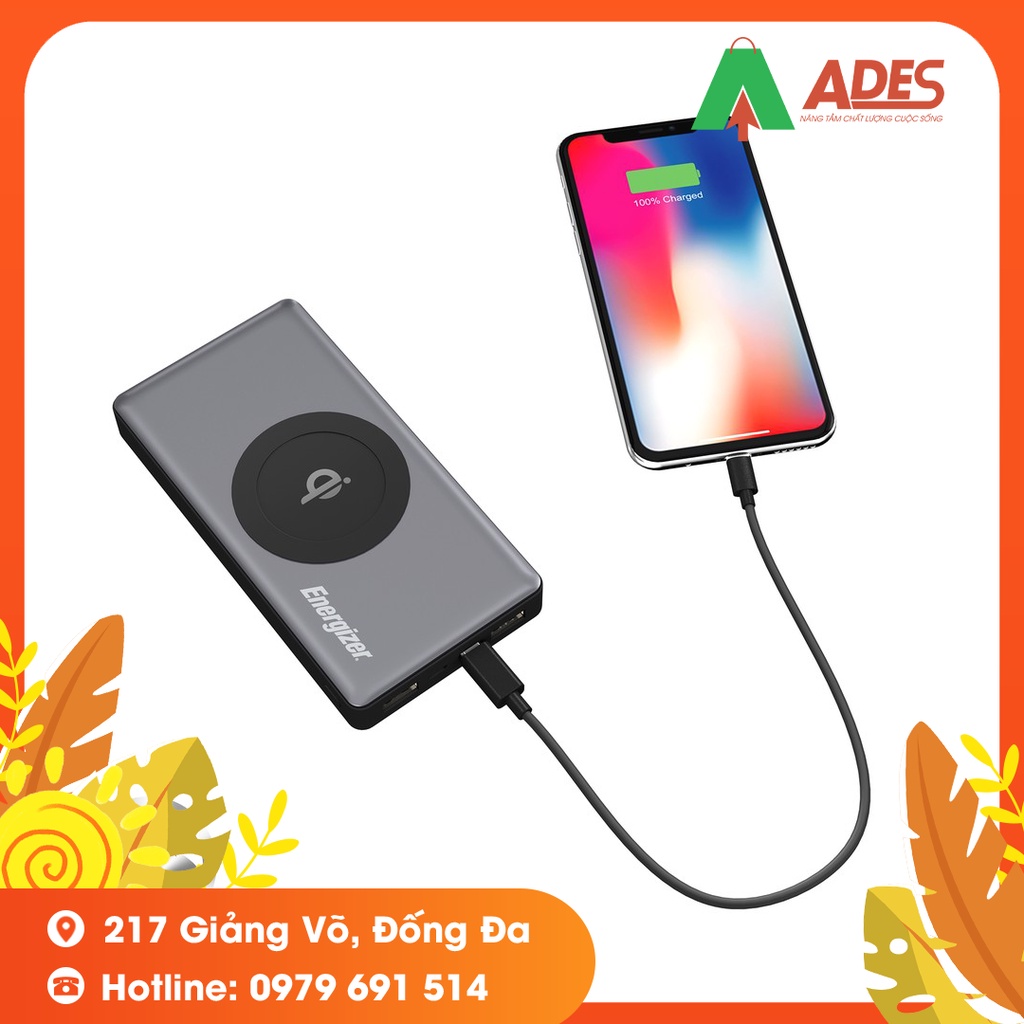 Pin dự phòng Energizer BÁO XÁM QE10000 - 10,000mAh - Tích hợp sạc không dây 5W chuẩn Qi, thiết kế vỏ kim loại chắc chắn