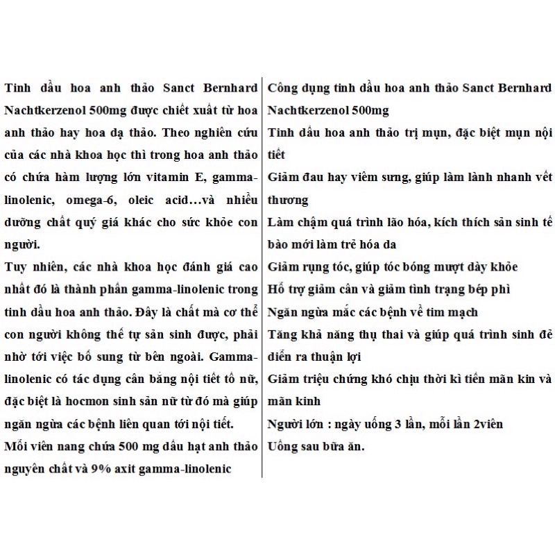 Tinh dầu hoa anh thảo Sanct Bernhard Nachtkerzenol - Lọ 200 viên - Hàng nội địa Đức