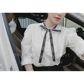 áo sơ mi trắng cổ nơ viền
