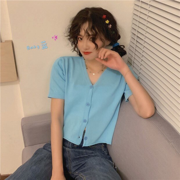 ÁO CROPTOP YUNI VIỀN NÚT NỮ XANH - ÁO CROPTOP CỔ V CÚC CÀI TAY LỠ BLUE BASIC