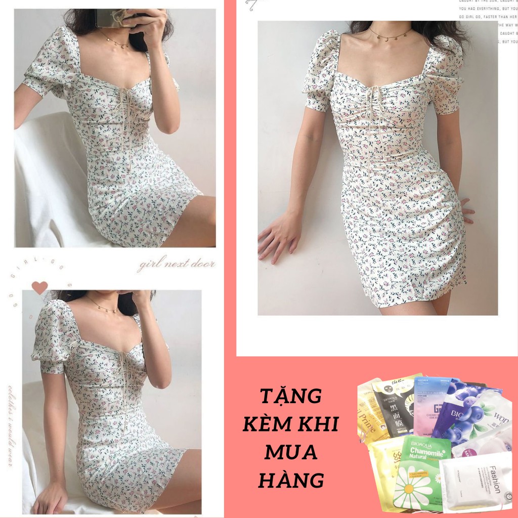 Váy Hoa Nhí, Đầm Nữ Hoa Tiết Hoa Nhí Dáng Ôm Cổ Vuông Thòi Trang SIXTEEN.