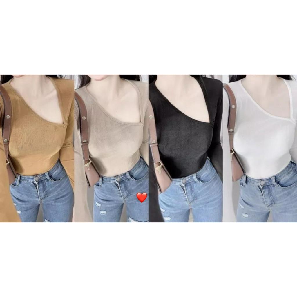 Áo thun nữ tay dài kiểu cổ lệch dáng ngắn croptop chất nhung nhũ trơn xinh hot